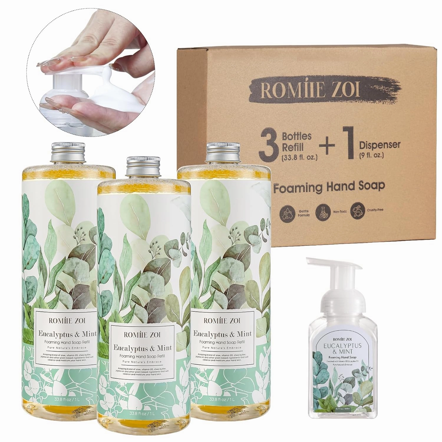 Eucalyptus & Mint Scented Foaming Hand Soap Refill Gift Set - 3 Pack with Dispenser, Non-Toxic and Biodegradable Formula, Moisturizing Essential Oils for Sensitive Skin (33.8 Fl Oz x 3)