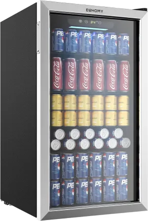 EUHOMY Beverage Refrigerator Cooler, 130 Can Mini Fridge with Glass Door for Soda Beer or Wine, Beverage Cooler for Home, Office, Bar with Adjustable Removable Shelves, Silver