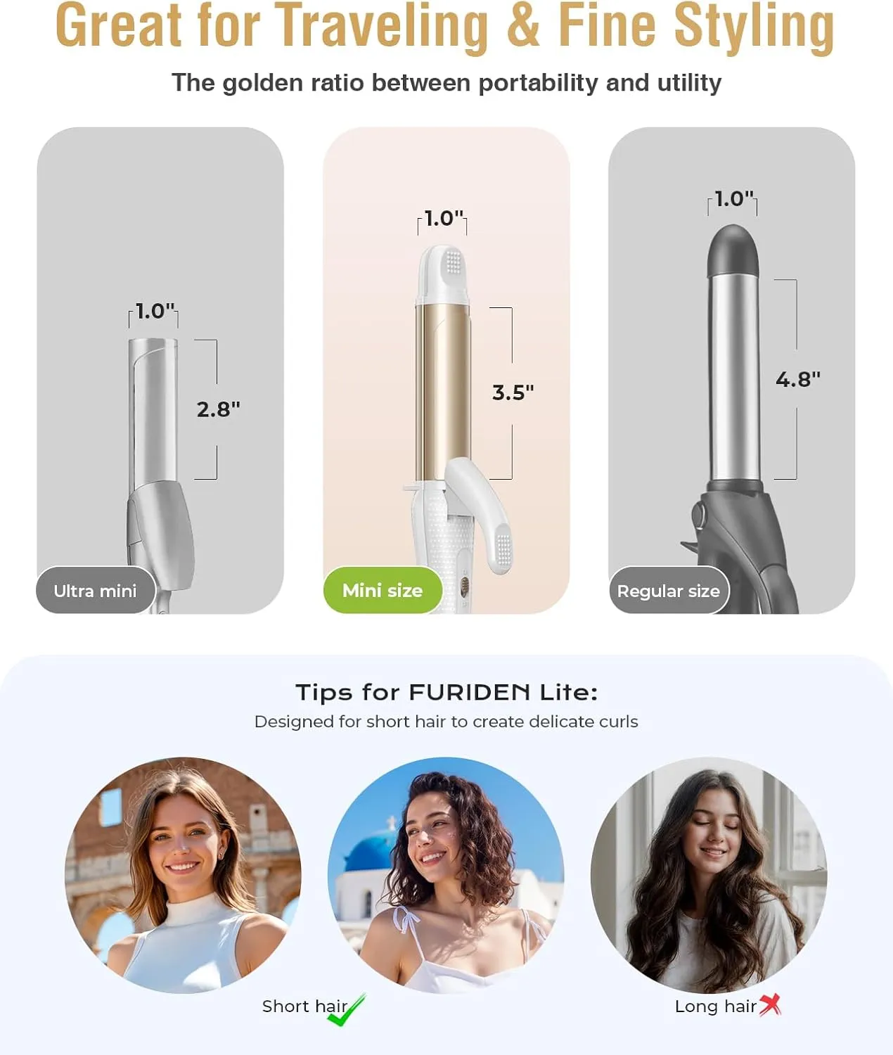 Europe Travel Curling Iron Mini: Dual Voltage Curling Iron for Traveling - Mini Travel Curling Irons 1 Inch with US Plug,Gold 450℉