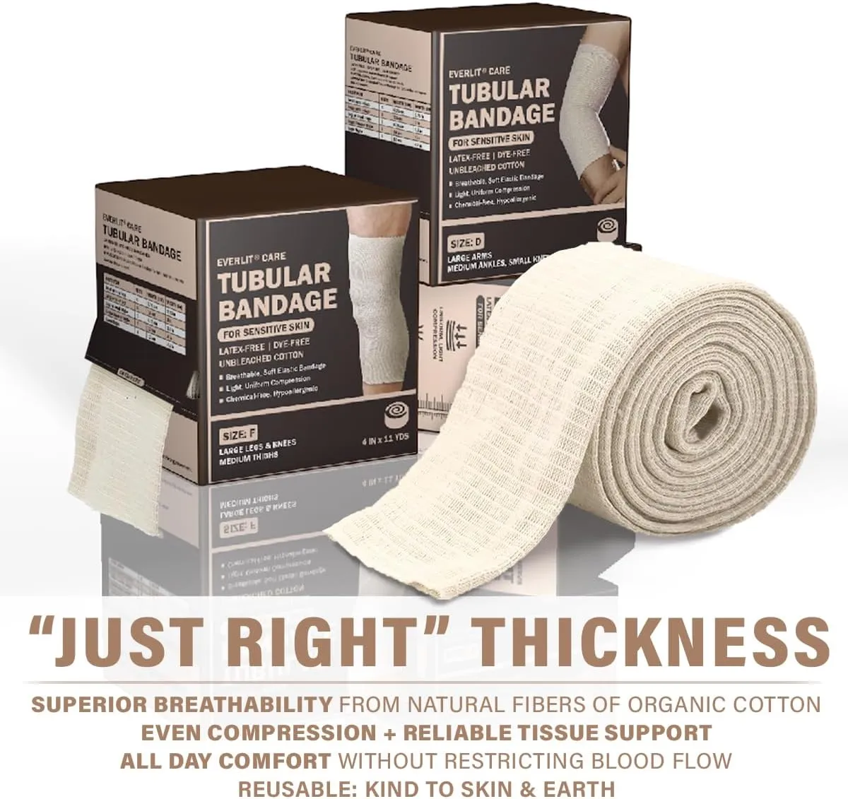 EVERLIT Organic Cotton Blend Elasticated Tubular Support Bandage | Latex-Free Stockinette Light to Moderate Compression for Arm, Knees, Legs | Tissue Support for Sensitive Skin | 4" x 11 yd