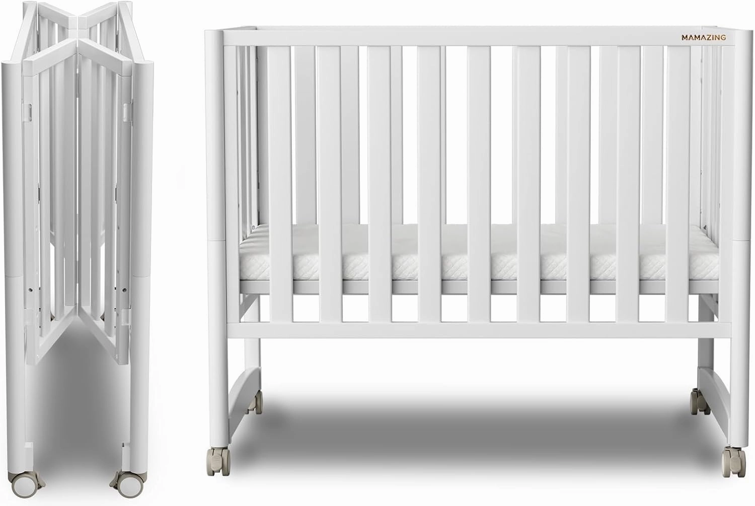 EvoNook 6-in-1 Convertible Mini Crib - Easy Assembly, Portable Folding Baby Mini Crib with Wheels, 100% New Zealand Pinewood, 4 Adjustable Mattress Heights, White with Wheel