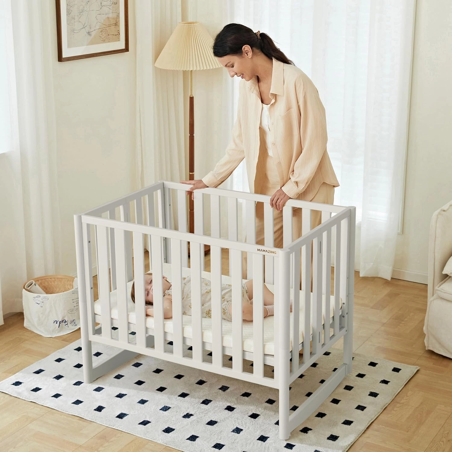 EvoNook 6-in-1 Convertible Mini Crib - Easy Assembly, Portable Folding Baby Mini Crib with Wheels, 100% New Zealand Pinewood, 4 Adjustable Mattress Heights, White with Wheel