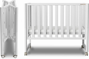 EvoNook 6-in-1 Convertible Mini Crib - Easy Assembly, Portable Folding Baby Mini Crib with Wheels, 100% New Zealand Pinewood, 4 Adjustable Mattress Heights, White with Wheel