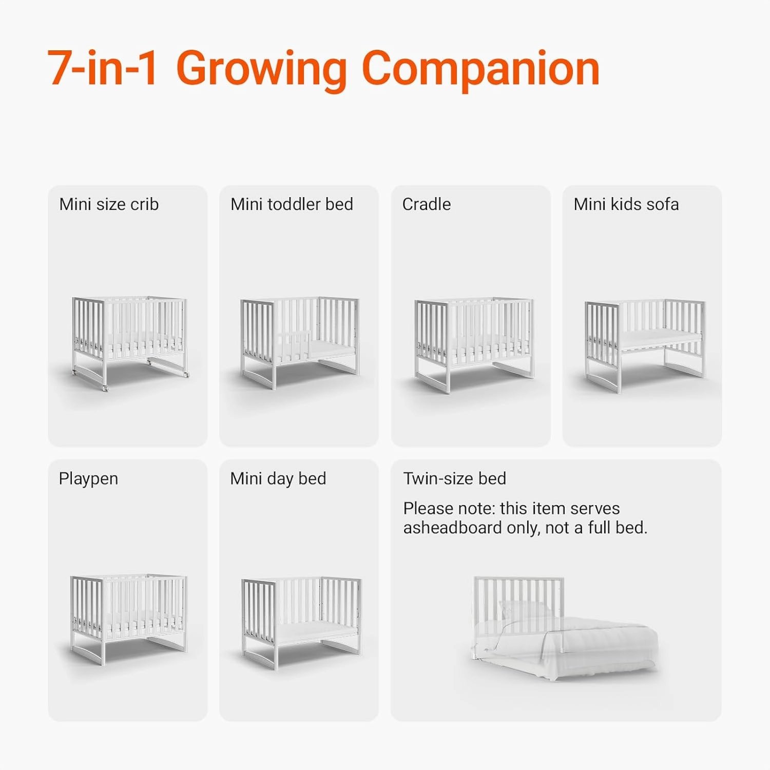 EvoNook 6-in-1 Convertible Mini Crib - Easy Assembly, Portable Folding Baby Mini Crib with Wheels, 100% New Zealand Pinewood, 4 Adjustable Mattress Heights, White with Wheel