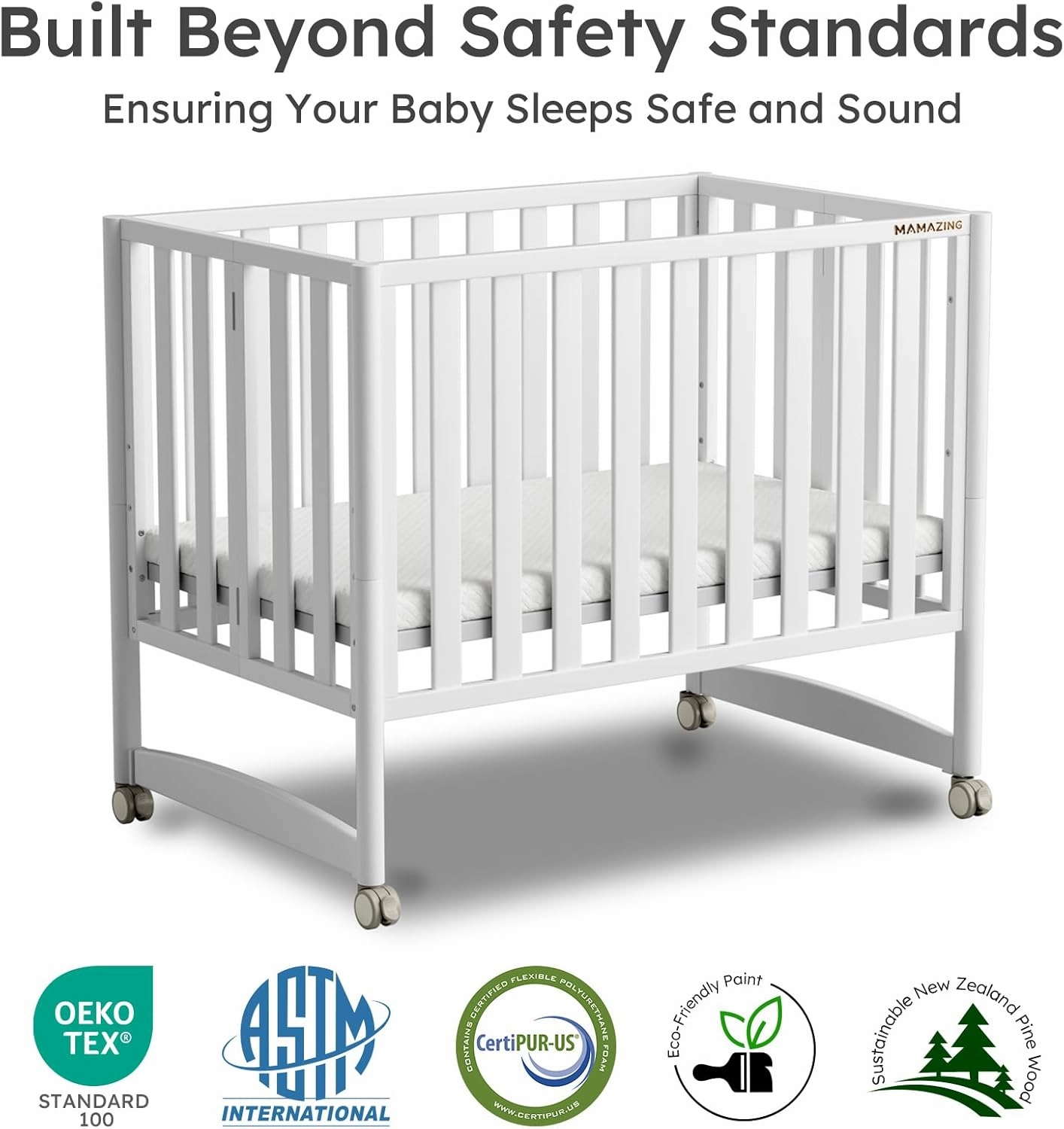EvoNook 6-in-1 Convertible Mini Crib - Easy Assembly, Portable Folding Baby Mini Crib with Wheels, 100% New Zealand Pinewood, 4 Adjustable Mattress Heights, White with Wheel