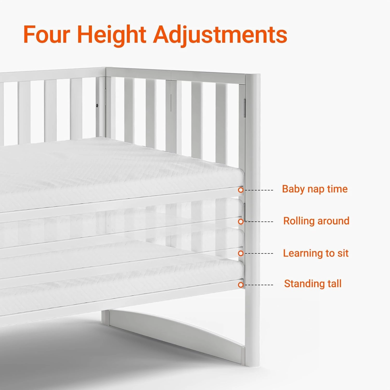 EvoNook 6-in-1 Convertible Mini Crib - Easy Assembly, Portable Folding Baby Mini Crib with Wheels, 100% New Zealand Pinewood, 4 Adjustable Mattress Heights, White with Wheel