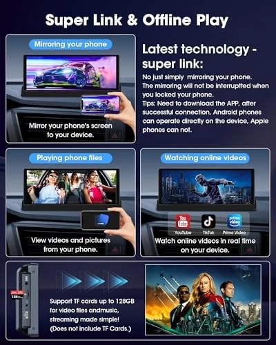 Exclusive Bracket Portable Carplay Screen for Car Stereo 10.26 inch Wireless Apple Carplay & Android Auto with Backup Camera, Bluetooth, GPS Navigation, Siri, FM, AUX, Mirror Link for All Vehicles