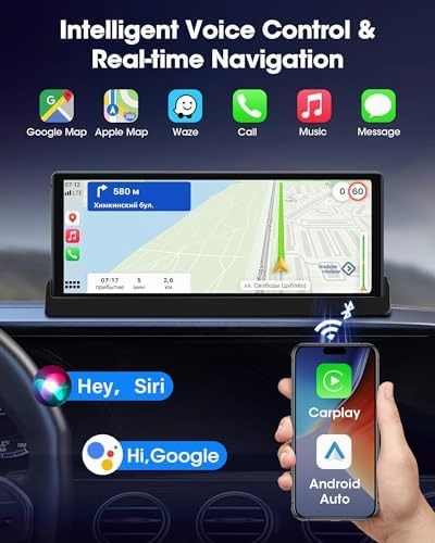 Exclusive Bracket Portable Carplay Screen for Car Stereo 10.26 inch Wireless Apple Carplay & Android Auto with Backup Camera, Bluetooth, GPS Navigation, Siri, FM, AUX, Mirror Link for All Vehicles