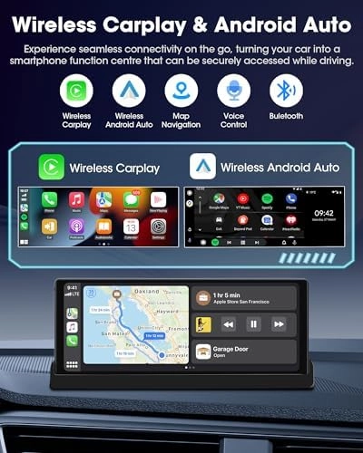 Exclusive Bracket Portable Carplay Screen for Car Stereo 10.26 inch Wireless Apple Carplay & Android Auto with Backup Camera, Bluetooth, GPS Navigation, Siri, FM, AUX, Mirror Link for All Vehicles