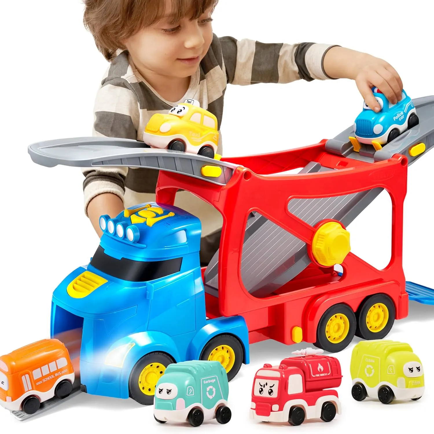 Extra Large Toy Cars for Toddlers, 3-Layer City Trucks for 2 3 4 Year Old Kids, 7-in-1 Big Transport Vehicle Carrier Truck with Siren & Lights and 6 Toy Cars, Birthday Gifts for Boys Girls