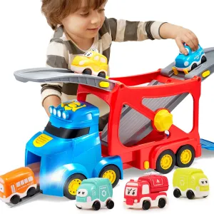 Extra Large Toy Cars for Toddlers, 3-Layer City Trucks for 2 3 4 Year Old Kids, 7-in-1 Big Transport Vehicle Carrier Truck with Siren & Lights and 6 Toy Cars, Birthday Gifts for Boys Girls