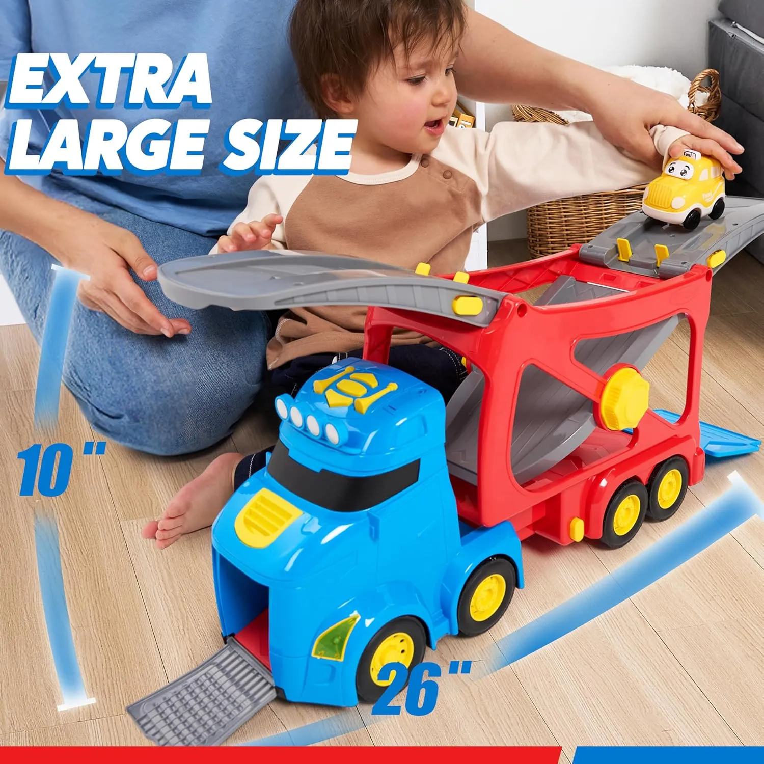 Extra Large Toy Cars for Toddlers, 3-Layer City Trucks for 2 3 4 Year Old Kids, 7-in-1 Big Transport Vehicle Carrier Truck with Siren & Lights and 6 Toy Cars, Birthday Gifts for Boys Girls