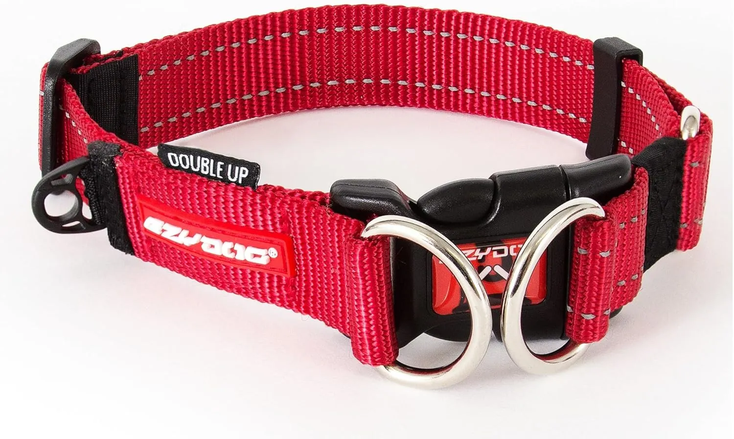 EzyDog Double Up Dog Collar – Double D-Rings for Superior Strength, Safety, and Comfort – Nylon Dog Collar with Reflective Trim and ID Attachment Point (Small, Red)
