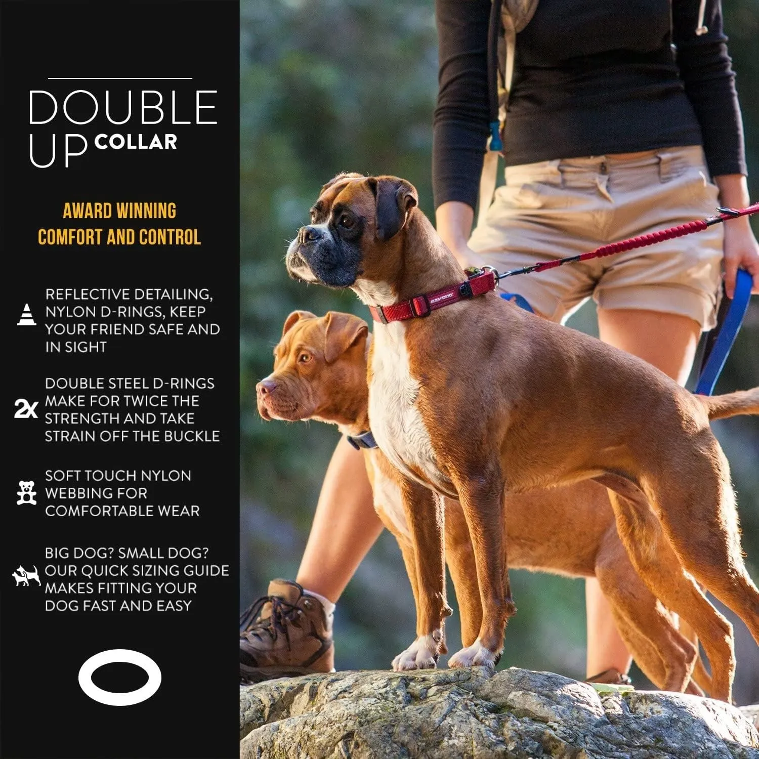 EzyDog Double Up Dog Collar – Double D-Rings for Superior Strength, Safety, and Comfort – Nylon Dog Collar with Reflective Trim and ID Attachment Point (Small, Red)