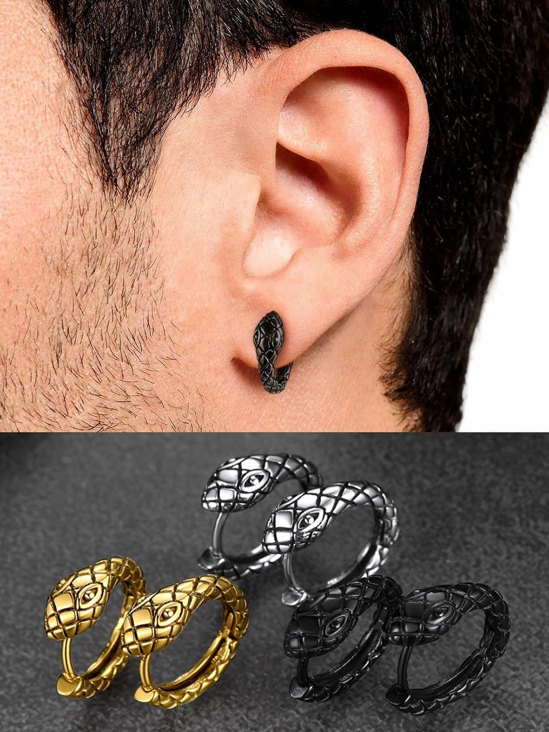 FaithHeart Viking Animals Huggie Hoop Earrings for Men, Gothic Dragon/Snake/Dinosaur/Wolf Earrings Stainless Steel Hypoallergenic Lightweight Stud Earrings Mens Punk Rock Jewelry Gift