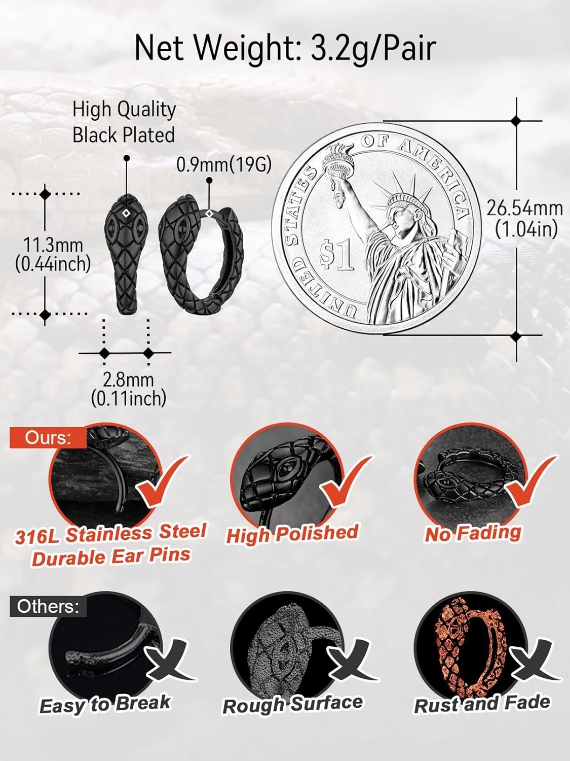 FaithHeart Viking Animals Huggie Hoop Earrings for Men, Gothic Dragon/Snake/Dinosaur/Wolf Earrings Stainless Steel Hypoallergenic Lightweight Stud Earrings Mens Punk Rock Jewelry Gift