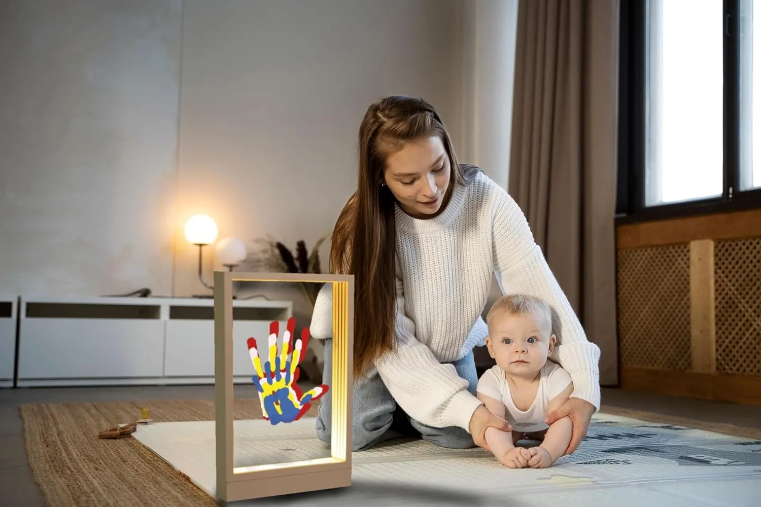 Family Handprint Kit with Light, Handprint Keepsake Frame, Wooden Led Light, Easy Install, No Need Screw etc, Non-Toxic Paints (White)