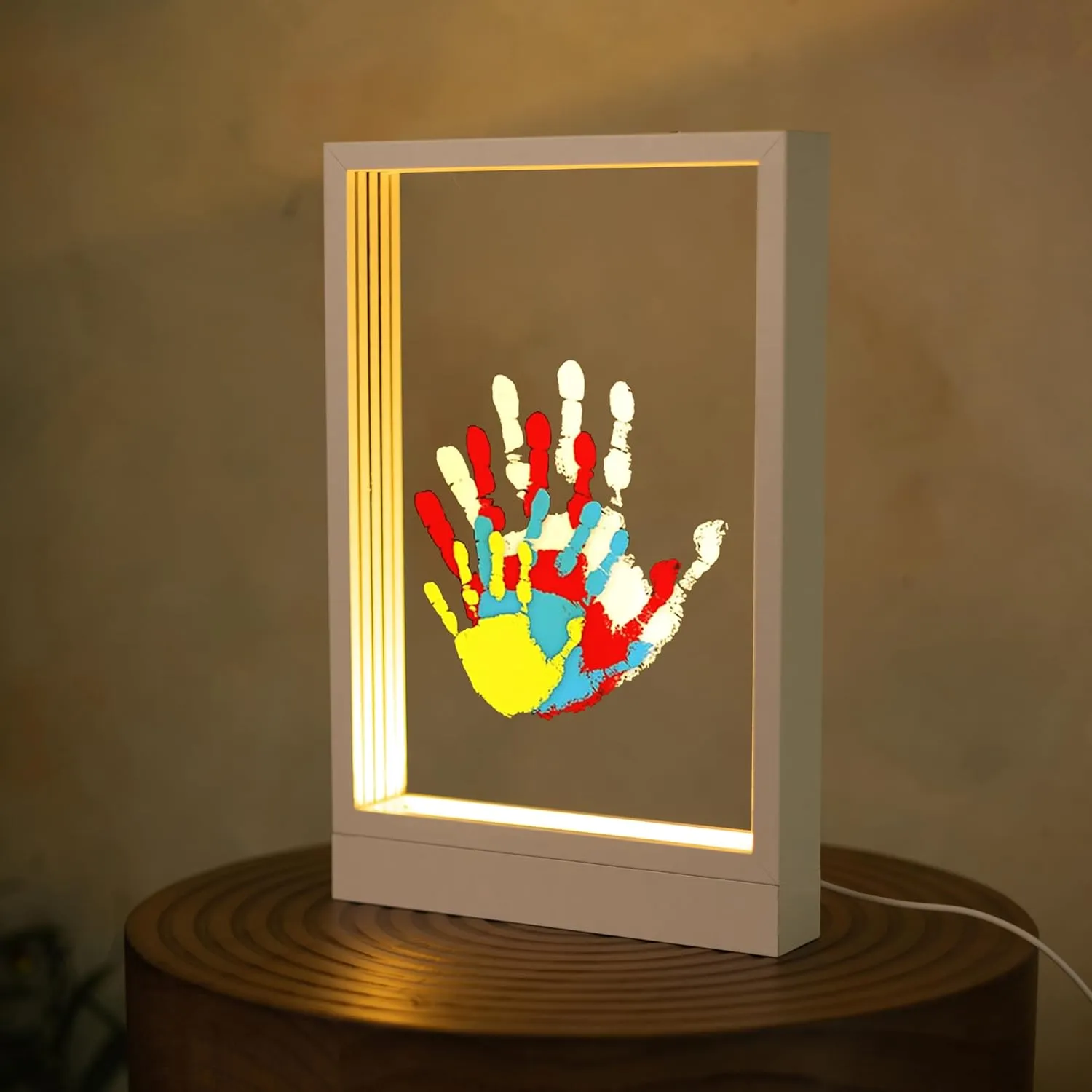 Family Handprint Kit with Light, Handprint Keepsake Frame, Wooden Led Light, Easy Install, No Need Screw etc, Non-Toxic Paints (White)