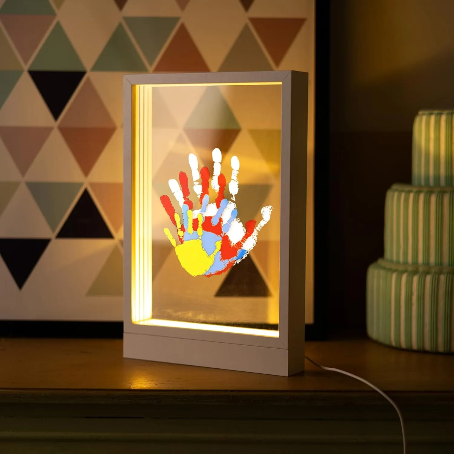Family Handprint Kit with Light, Handprint Keepsake Frame, Wooden Led Light, Easy Install, No Need Screw etc, Non-Toxic Paints (White)