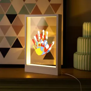 Family Handprint Kit with Light, Handprint Keepsake Frame, Wooden Led Light, Easy Install, No Need Screw etc, Non-Toxic Paints (White)