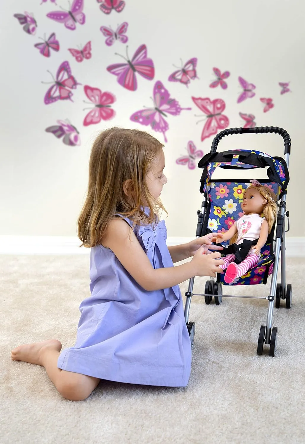 fash n kolor® - Doll Stroller My First Baby Doll Strollers Toy - Flower Design with Basket in The Bottom- Doll Accessories 2 Free Magic Bottles Included (Flower Design)