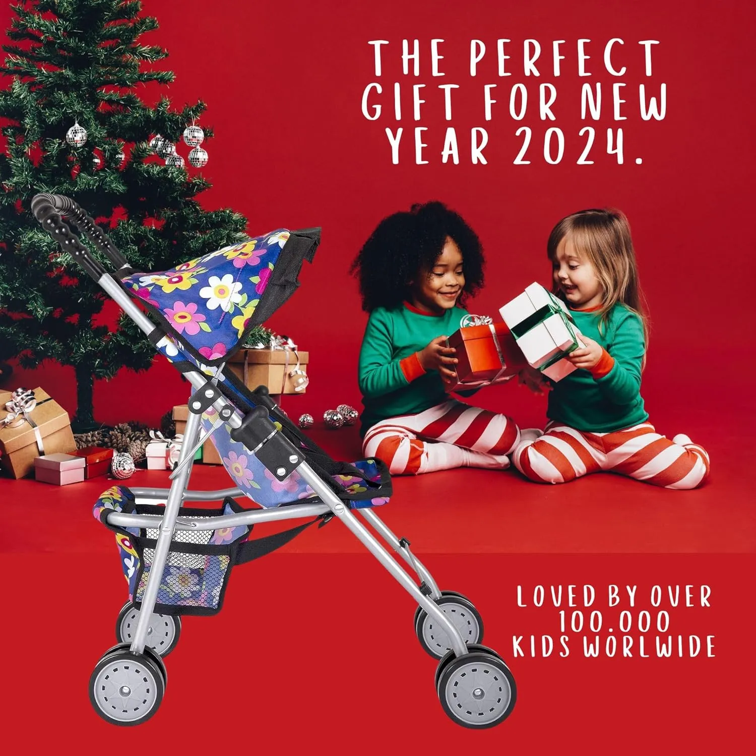 fash n kolor® - Doll Stroller My First Baby Doll Strollers Toy - Flower Design with Basket in The Bottom- Doll Accessories 2 Free Magic Bottles Included (Flower Design)