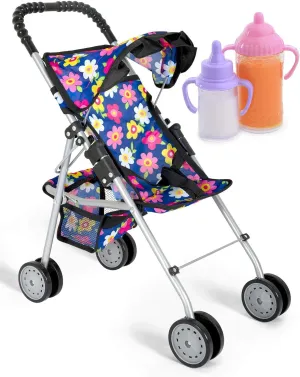 fash n kolor® - Doll Stroller My First Baby Doll Strollers Toy - Flower Design with Basket in The Bottom- Doll Accessories 2 Free Magic Bottles Included (Flower Design)