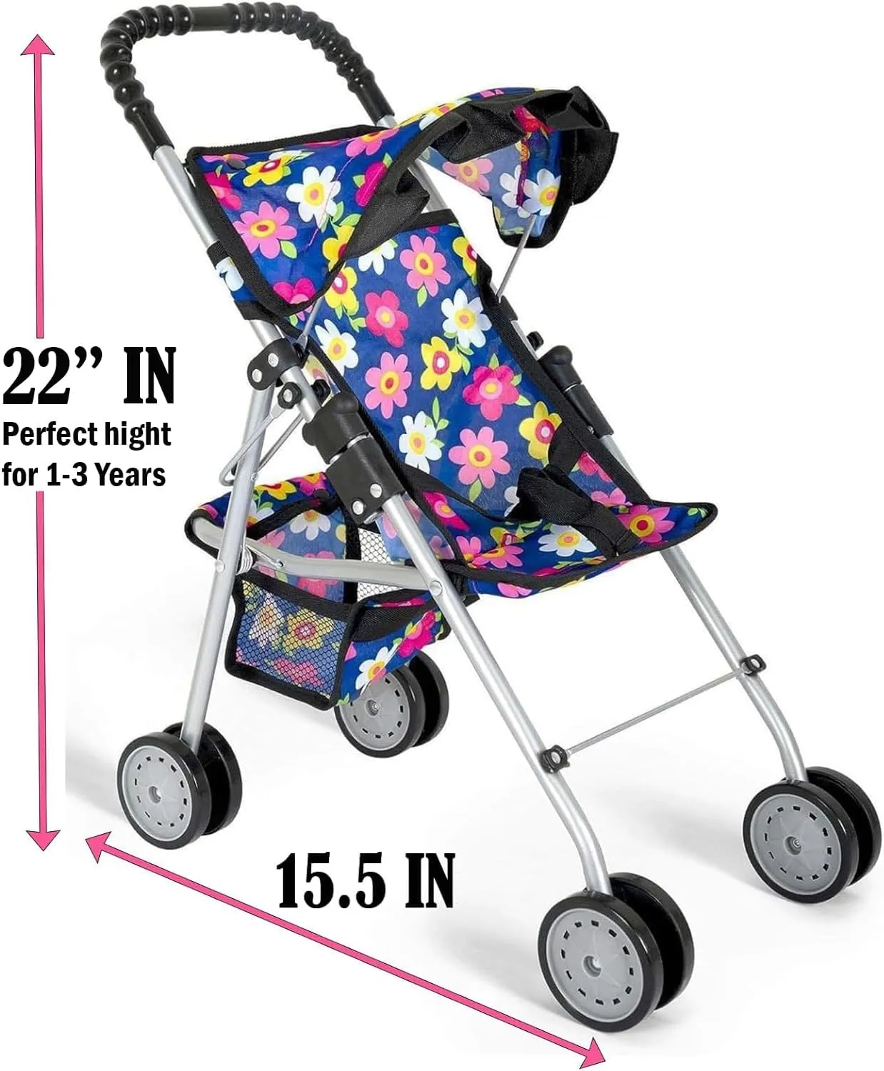 fash n kolor® - Doll Stroller My First Baby Doll Strollers Toy - Flower Design with Basket in The Bottom- Doll Accessories 2 Free Magic Bottles Included (Flower Design)