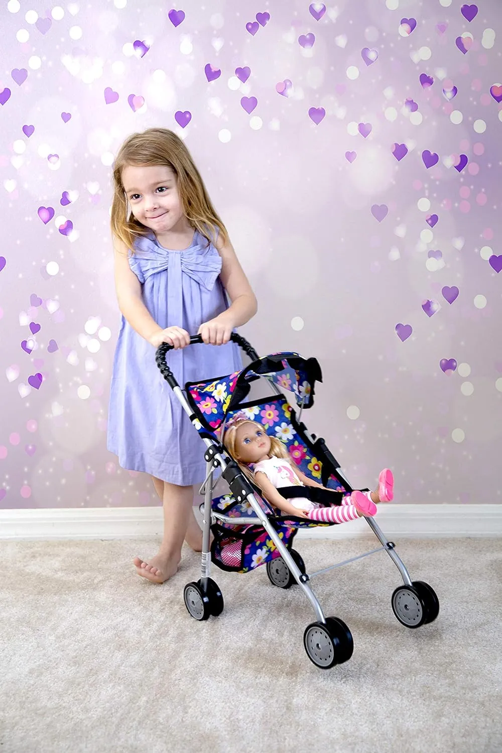 fash n kolor® - Doll Stroller My First Baby Doll Strollers Toy - Flower Design with Basket in The Bottom- Doll Accessories 2 Free Magic Bottles Included (Flower Design)