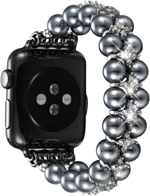 fastgo Compatible with Pearl Apple Watch Band 42mm 44mm 45mm Women Girl Fancy Handpicked Beaded Pearl Elastic Stretch Bracelet Jewelry Strap for Iwatch SE Series 7/6/5/4/3/2/1(Space Gray, 42/44/45mm)