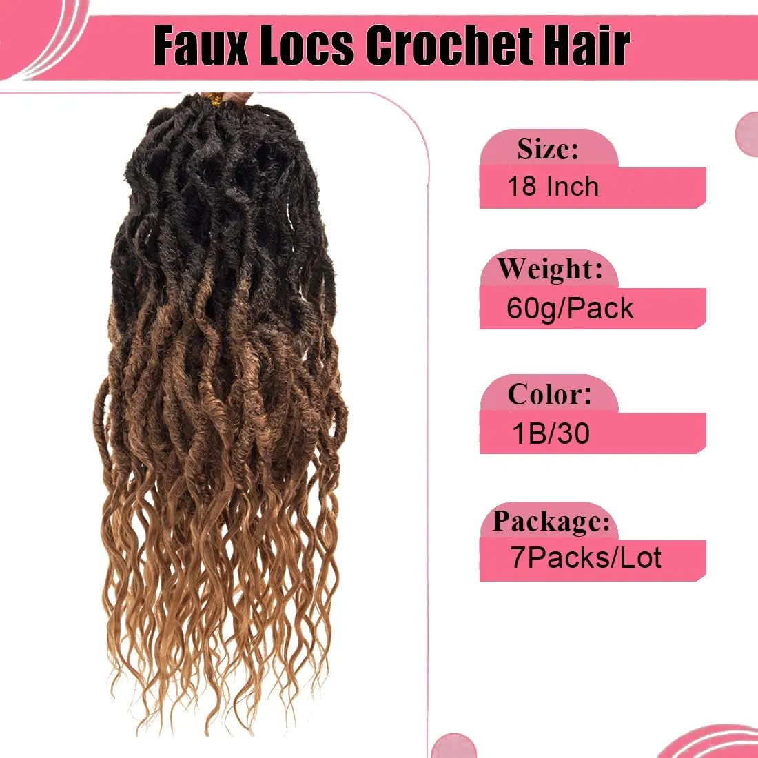 Faux Locs Crochet Hair 18 Inch Soft Locs 7Packs Boho Goddess Locs Crochet Hair with Curly Ends Pre-looped Crochet Locs for Black Women Dreadlock Synthetic Crochet Braids (1B/30, 18Inch(Pack of 7))