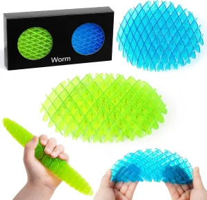 Fidget Worm Toy-2-pack Fun Interactive Sensory Toys for Kids & Teens | Quiet Fidgets,Small Anxiety Stress Relief Toy,Resistance Fidget Toys，Desk Fidgets for Autistic & Adhd Adults(Green Blue,Small)