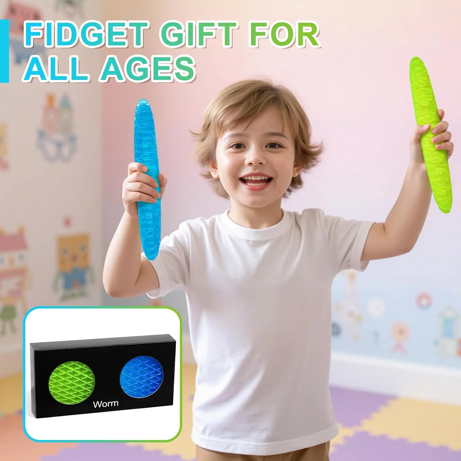 Fidget Worm Toy-2-pack Fun Interactive Sensory Toys for Kids & Teens | Quiet Fidgets,Small Anxiety Stress Relief Toy,Resistance Fidget Toys，Desk Fidgets for Autistic & Adhd Adults(Green Blue,Small)