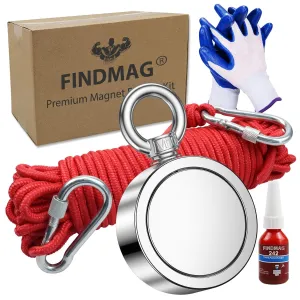 FINDMAG 1000 LBS Fishing Magnet Double Sided Stong Magnet with Rope, Magnetic Fishing Tool for Retrieving Items in River, Lake, Beach, Lawn - 2.95inch Diameter