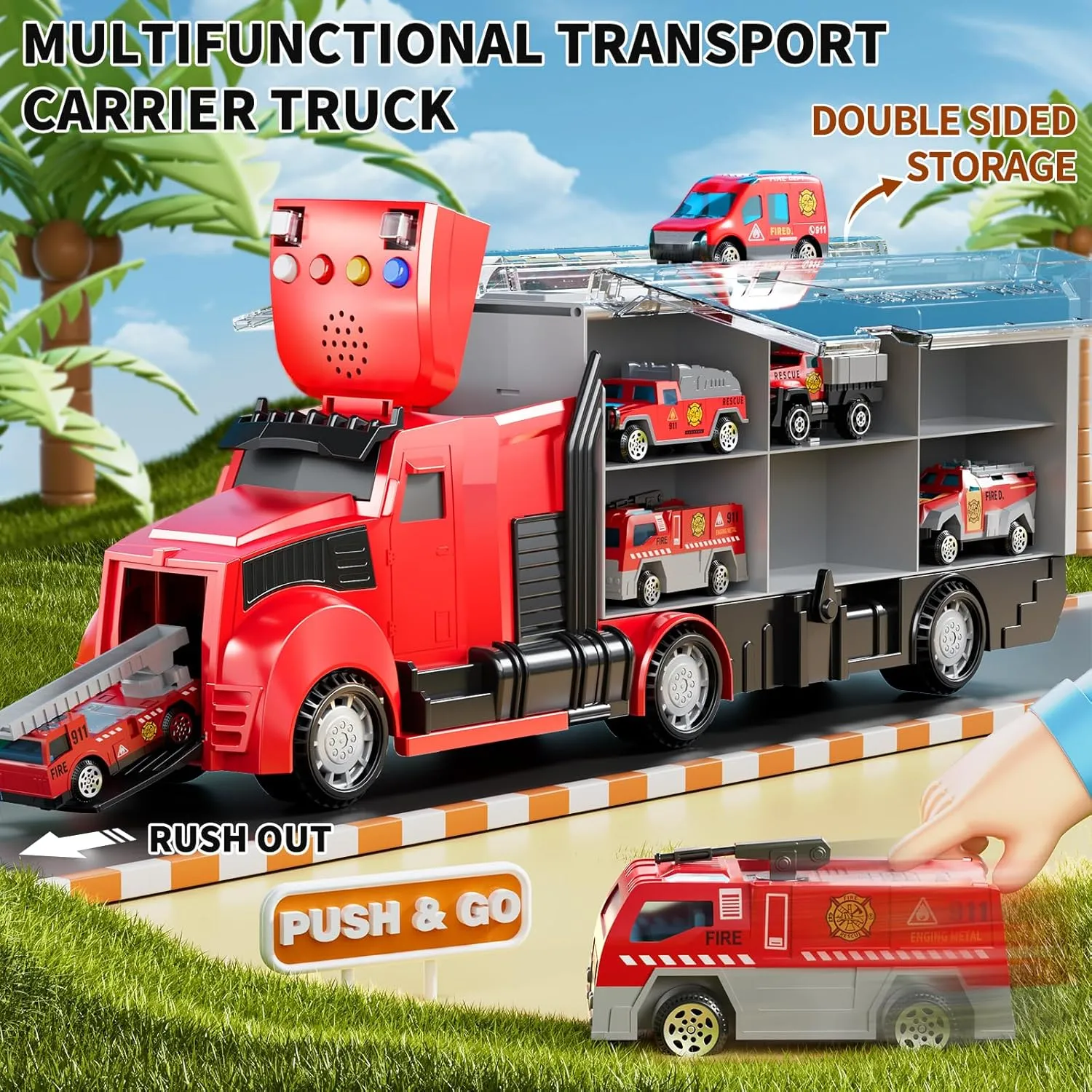 Fire Trucks Toy Set with Play Mat, Carrier Truck Play Vehicles Set for 3 4 5 6 Years Old Boys Kids, Die-Cast Car Toy for Toddlers 3-4 Years, Birthday Gifts Toys for 3-9 Year Old Boys