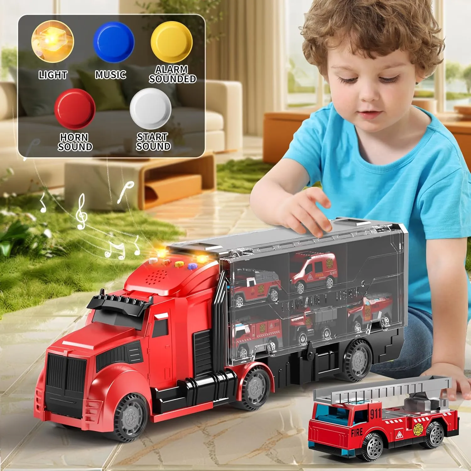 Fire Trucks Toy Set with Play Mat, Carrier Truck Play Vehicles Set for 3 4 5 6 Years Old Boys Kids, Die-Cast Car Toy for Toddlers 3-4 Years, Birthday Gifts Toys for 3-9 Year Old Boys