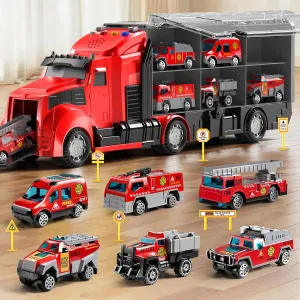 Fire Trucks Toy Set with Play Mat, Carrier Truck Play Vehicles Set for 3 4 5 6 Years Old Boys Kids, Die-Cast Car Toy for Toddlers 3-4 Years, Birthday Gifts Toys for 3-9 Year Old Boys