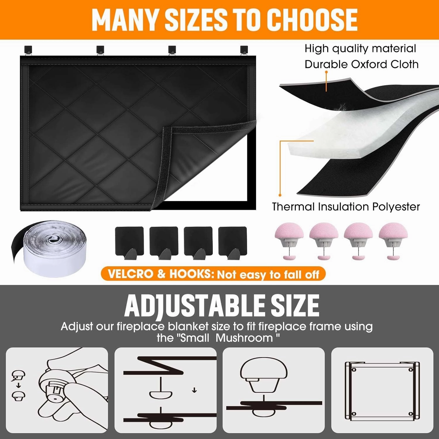 Fireplace Cover, Fireplace Draft Stopper for Heat Loss, Fireplace Blocker Blanket with Hook and Loop Tape, Indoor Fireplace Blanket for Insulation Black 42" W x 36" H