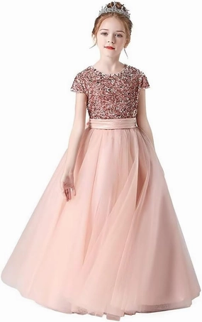Flower Girl Dresses Wedding Bridesmaid Sequins Tulle Puffy Skirt Girls Birthday Party Pageant Gown Floor Length