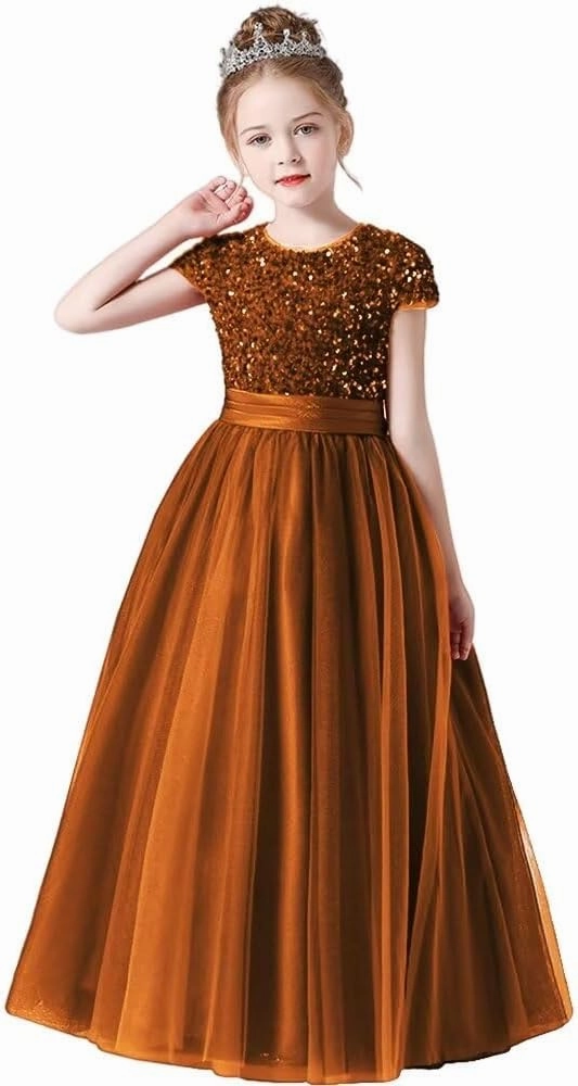 Flower Girl Dresses Wedding Bridesmaid Sequins Tulle Puffy Skirt Girls Birthday Party Pageant Gown Floor Length