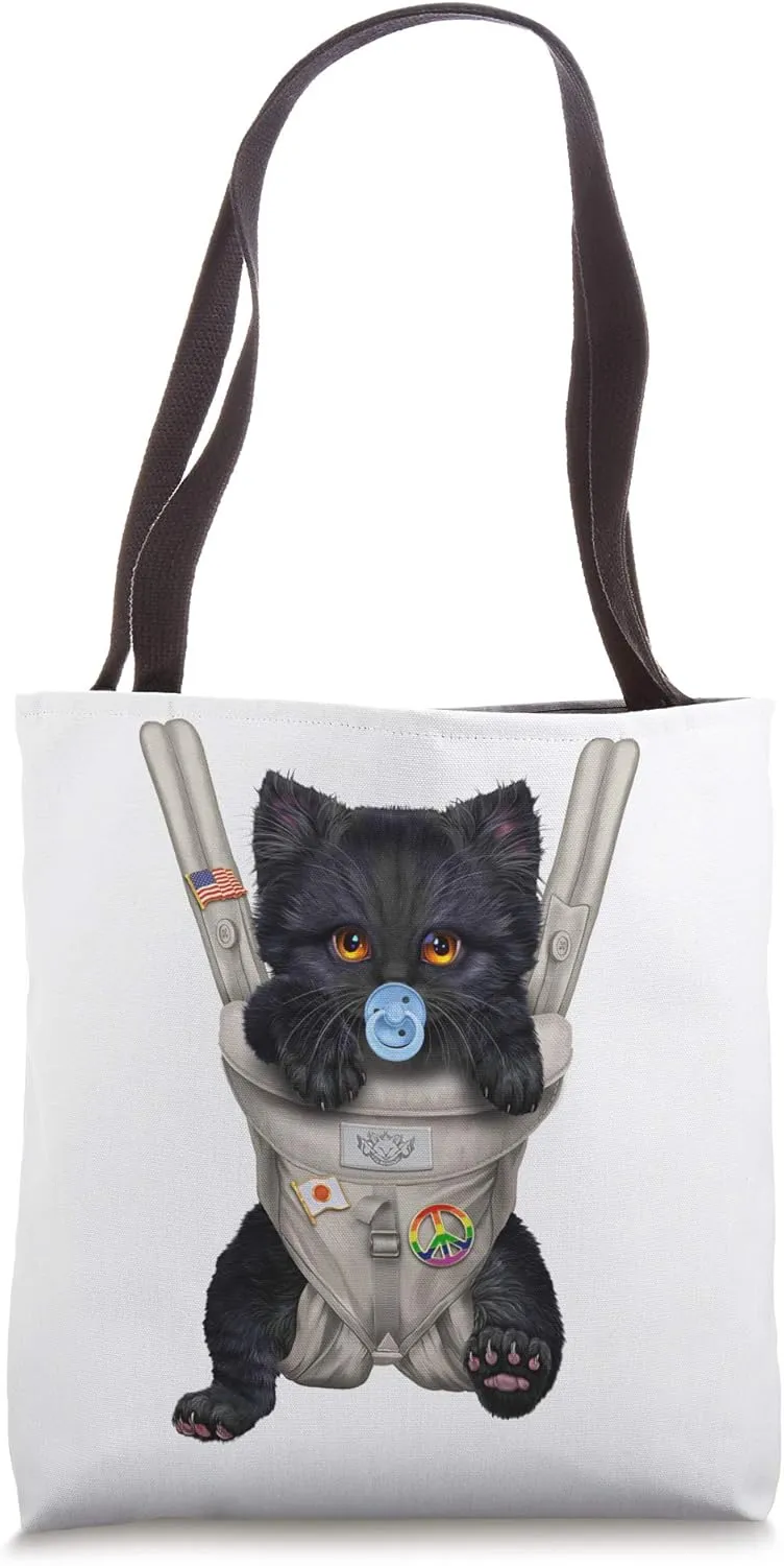 Fluffy Black Cat with Pacifier in Baby Carrier Tote Bag