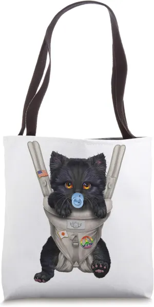 Fluffy Black Cat with Pacifier in Baby Carrier Tote Bag