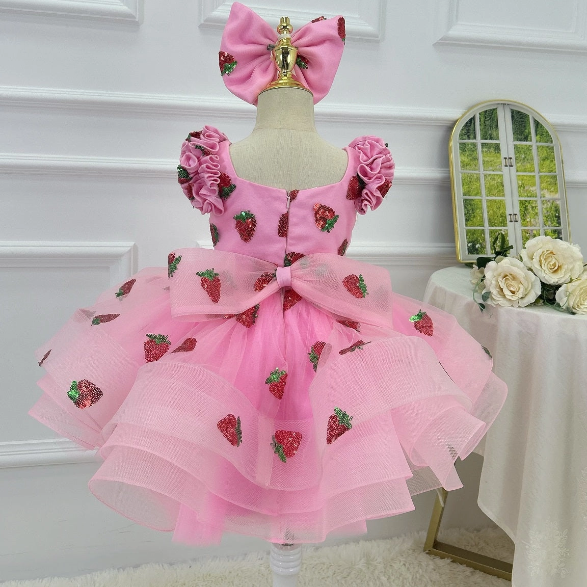 Fluffy Pink Flower Girl Dress - Sparkly Strawberry Baby Dress, Fluffy 1st Birthday Girl Evening Dress
