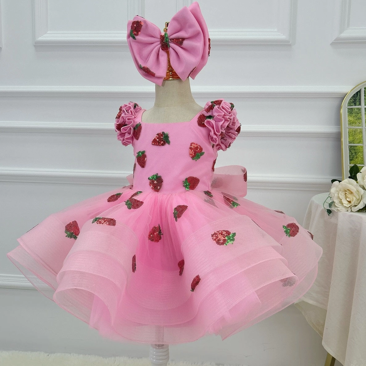 Fluffy Pink Flower Girl Dress - Sparkly Strawberry Baby Dress, Fluffy 1st Birthday Girl Evening Dress