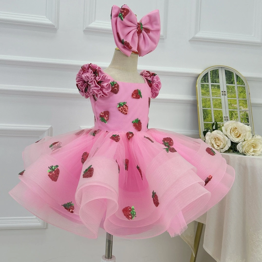 Fluffy Pink Flower Girl Dress - Sparkly Strawberry Baby Dress, Fluffy 1st Birthday Girl Evening Dress