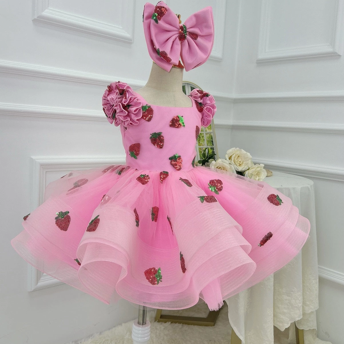 Fluffy Pink Flower Girl Dress - Sparkly Strawberry Baby Dress, Fluffy 1st Birthday Girl Evening Dress