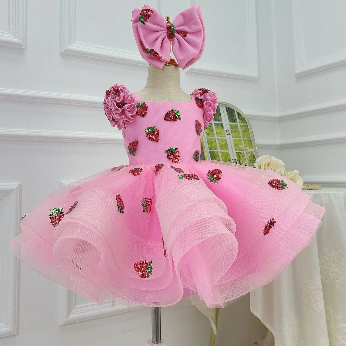 Fluffy Pink Flower Girl Dress - Sparkly Strawberry Baby Dress, Fluffy 1st Birthday Girl Evening Dress