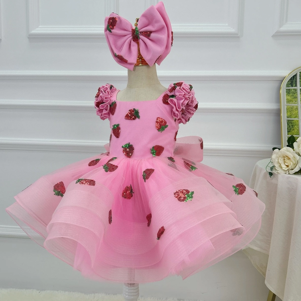 Fluffy Pink Flower Girl Dress - Sparkly Strawberry Baby Dress, Fluffy 1st Birthday Girl Evening Dress