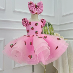 Fluffy Pink Flower Girl Dress - Sparkly Strawberry Baby Dress, Fluffy 1st Birthday Girl Evening Dress