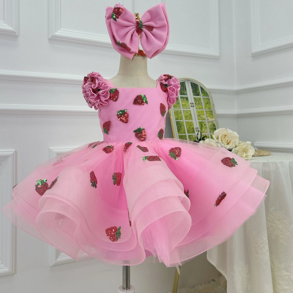 Fluffy Pink Flower Girl Dress - Sparkly Strawberry Baby Dress, Fluffy 1st Birthday Girl Evening Dress